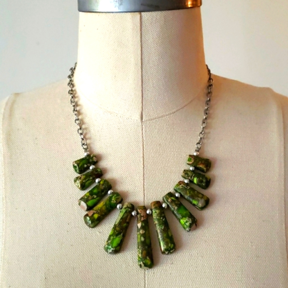 Green Bohemian stone fashion statement necklace